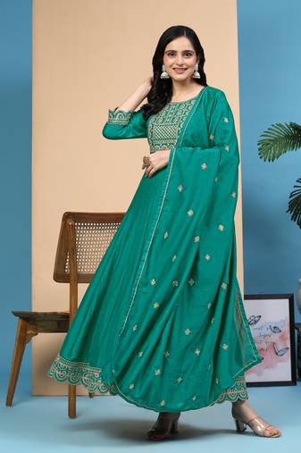  Art Silk Embroidery Salwar Suit Set A line Pleated Kurta Pant with Dupatta