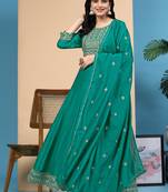  Art Silk Embroidery Salwar Suit Set A line Pleated Kurta Pant with Dupatta