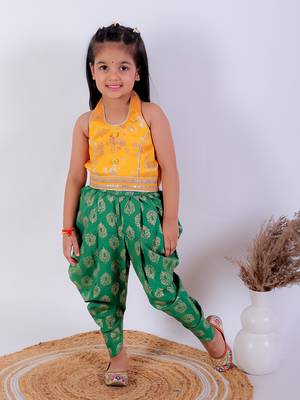 Twisha girls brocade halter neck top & foil printed dhoti pants set - yellow & green 1