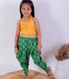 Twisha girls brocade halter neck top & foil printed dhoti pants set - yellow & green