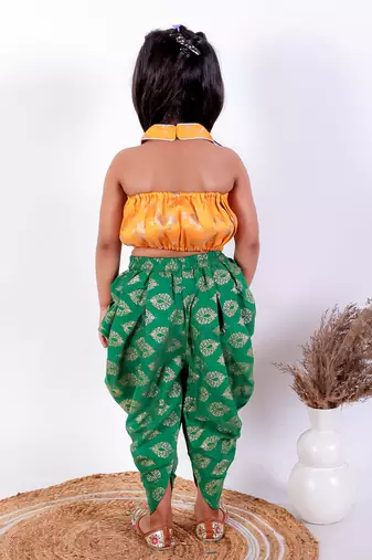 Twisha girls brocade halter neck top & foil printed dhoti pants set - yellow & green