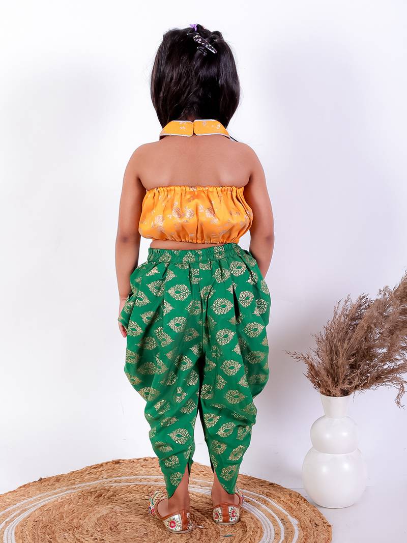 Twisha girls brocade halter neck top & foil printed dhoti pants set - yellow & green