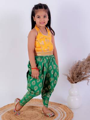 Twisha girls brocade halter neck top & foil printed dhoti pants set - yellow & green 3
