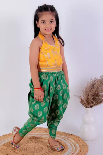 Twisha girls brocade halter neck top & foil printed dhoti pants set - yellow & green