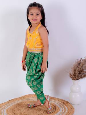 Twisha girls brocade halter neck top & foil printed dhoti pants set - yellow & green 4