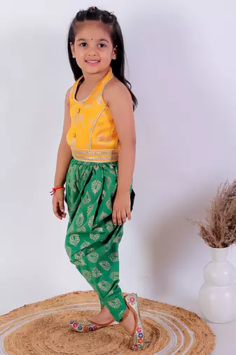 Twisha girls brocade halter neck top & foil printed dhoti pants set - yellow & green