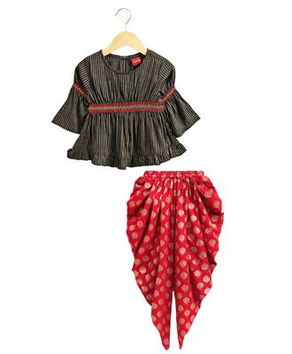 Twisha girls rayon stripe peplum top & foil  printed dhoti pants - black & red 2