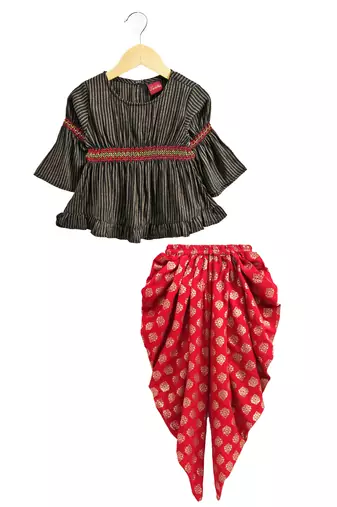 Twisha girls rayon stripe peplum top & foil  printed dhoti pants - black & red