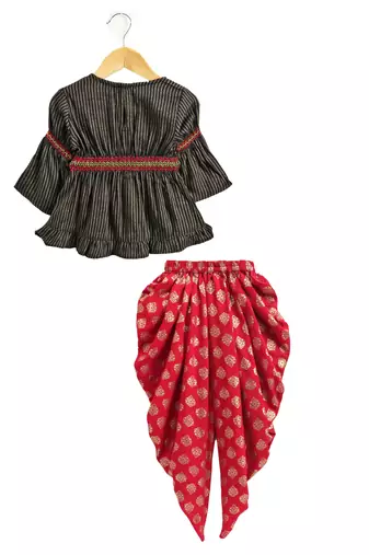 Twisha girls rayon stripe peplum top & foil  printed dhoti pants - black & red