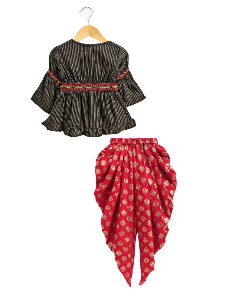 Twisha girls rayon stripe peplum top & foil  printed dhoti pants - black & red