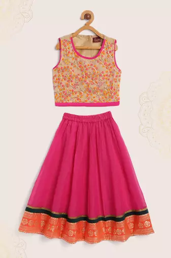 Twisha girl embroidered top & ghagra set - beige & pink