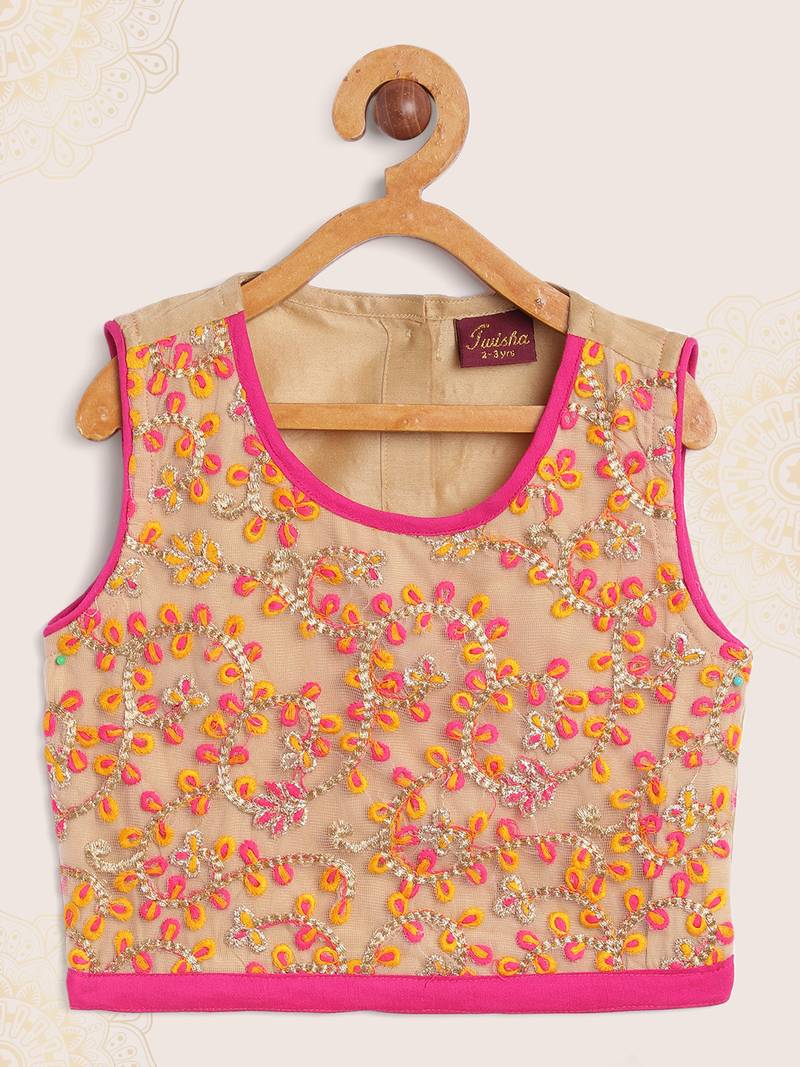 Twisha girl embroidered top & ghagra set - beige & pink