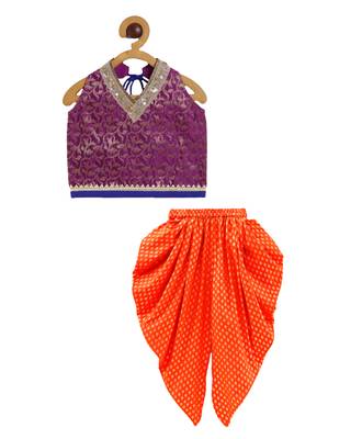 Twisha girls brocade halter neck top & foil printed dhoti pants set - magenta & orange 1