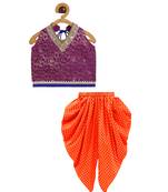 Twisha girls brocade halter neck top & foil printed dhoti pants set - magenta & orange
