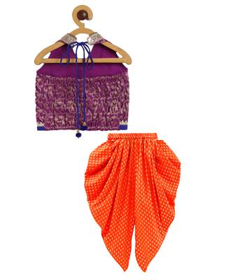 Twisha girls brocade halter neck top & foil printed dhoti pants set - magenta & orange 2