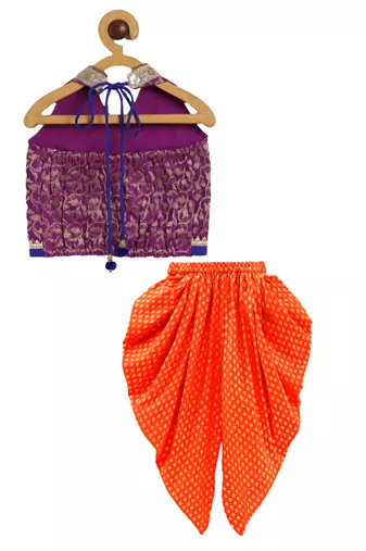 Twisha girls brocade halter neck top & foil printed dhoti pants set - magenta & orange