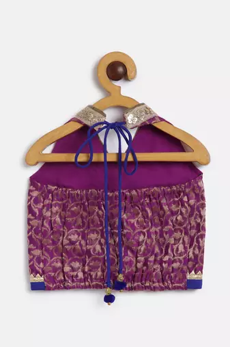Twisha girls brocade halter neck top & foil printed dhoti pants set - magenta & orange