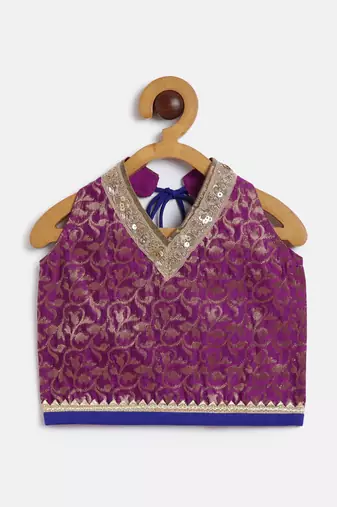 Twisha girls brocade halter neck top & foil printed dhoti pants set - magenta & orange