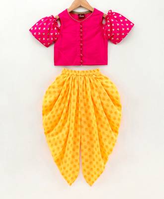 Twisha girls cold shoulder top & printed dhoti pants set - pink & yellow 1