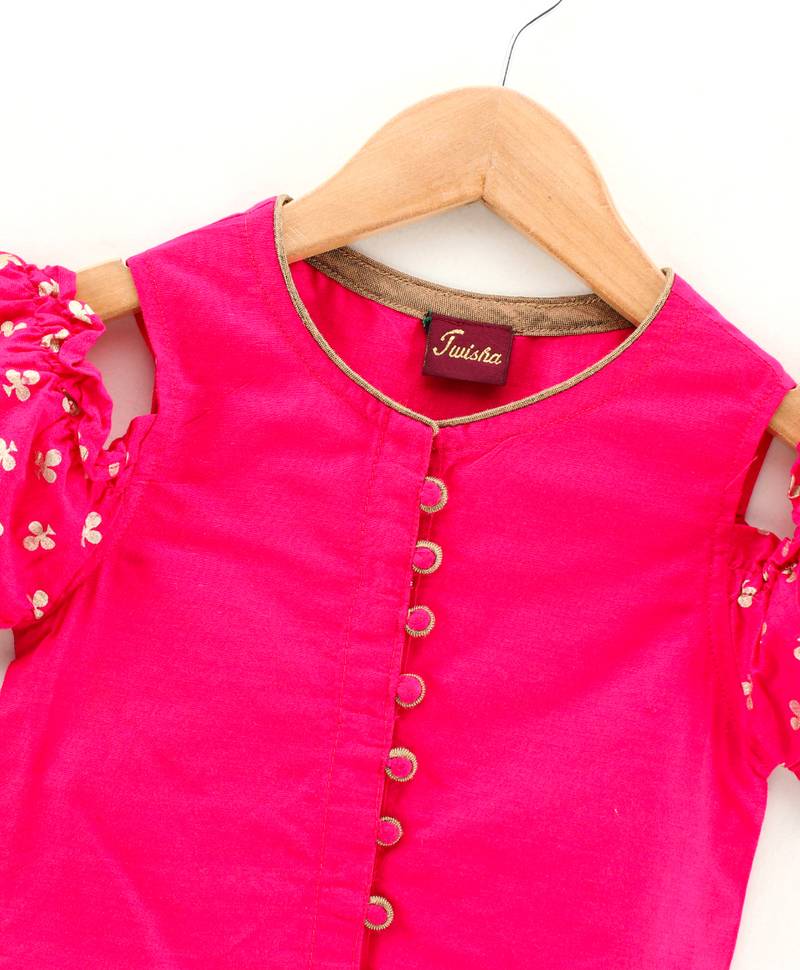 Twisha girls cold shoulder top & printed dhoti pants set - pink & yellow