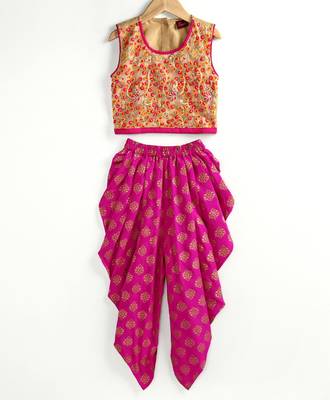 Twisha girls embroidered top & foil printed dhoti pants set - beige & pink 1