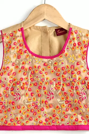 Twisha girls embroidered top & foil printed dhoti pants set - beige & pink