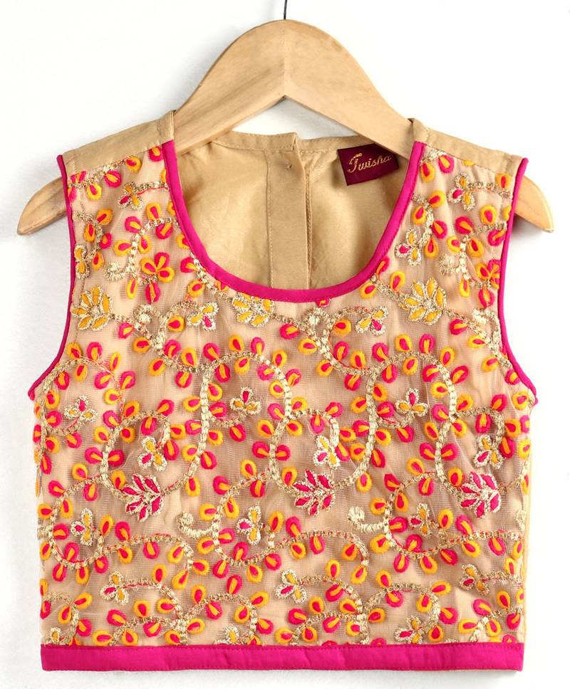 Twisha girls embroidered top & foil printed dhoti pants set - beige & pink