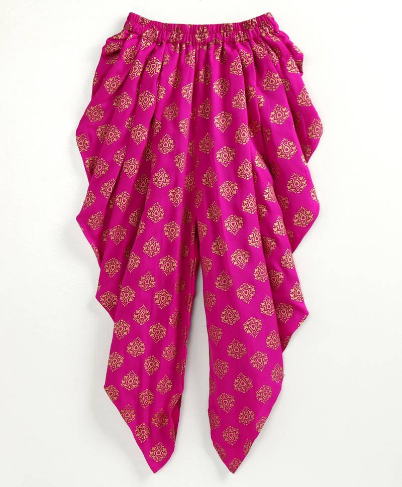 Twisha girls embroidered top & foil printed dhoti pants set - beige & pink