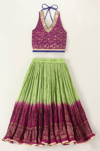 Twisha girls brocade halter neck top & crushed printed ghagra set - magenta & green