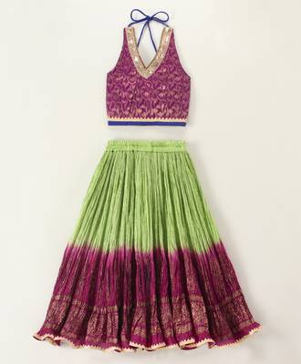 Twisha girls brocade halter neck top & crushed printed ghagra set - magenta & green 1