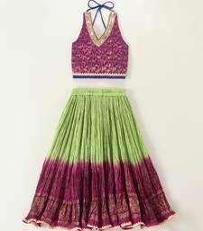 Twisha girls brocade halter neck top & crushed printed ghagra set - magenta & green