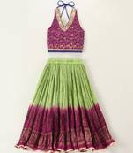 Twisha girls brocade halter neck top & crushed printed ghagra set - magenta & green