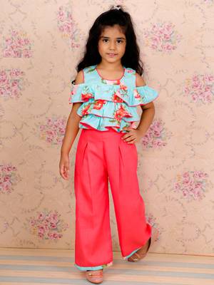 Twisha girls floral printed ruffle top & palzzo set - aqua blue & coral 1