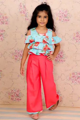 Twisha girls floral printed ruffle top & palzzo set - aqua blue & coral