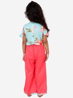 Twisha girls floral printed ruffle top & palzzo set - aqua blue & coral 2
