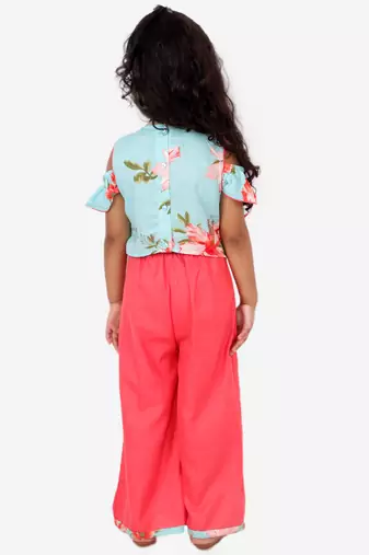 Twisha girls floral printed ruffle top & palzzo set - aqua blue & coral