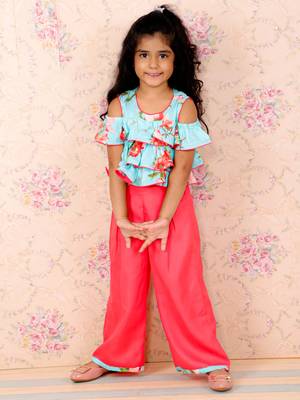 Twisha girls floral printed ruffle top & palzzo set - aqua blue & coral 4