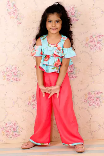 Twisha girls floral printed ruffle top & palzzo set - aqua blue & coral