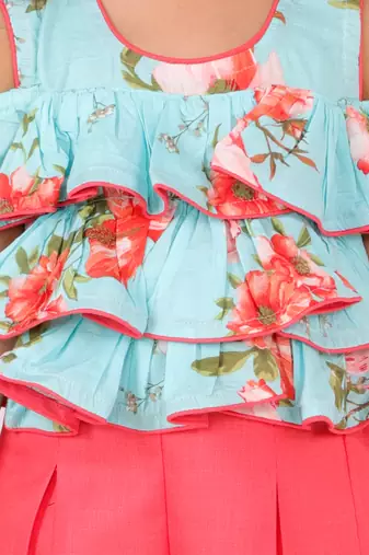 Twisha girls floral printed ruffle top & palzzo set - aqua blue & coral