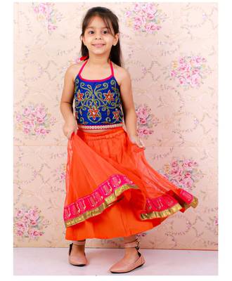 Twisha girls embroidered halter neck top & net ghagra set - blue & orange 2