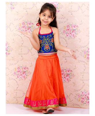Twisha girls embroidered halter neck top & net ghagra set - blue & orange 3