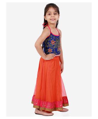 Twisha girls embroidered halter neck top & net ghagra set - blue & orange 4