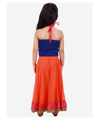 Twisha girls embroidered halter neck top & net ghagra set - blue & orange 5