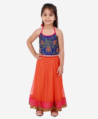 Twisha girls embroidered halter neck top & net ghagra set - blue & orange 1