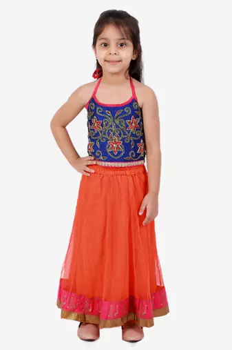 Twisha girls embroidered halter neck top & net ghagra set - blue & orange