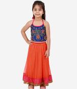 Twisha girls embroidered halter neck top & net ghagra set - blue & orange