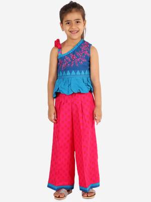 Twisha girls embroidered one shoulder top & palazzo set - blue & pink 2