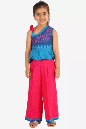 Twisha girls embroidered one shoulder top & palazzo set - blue & pink