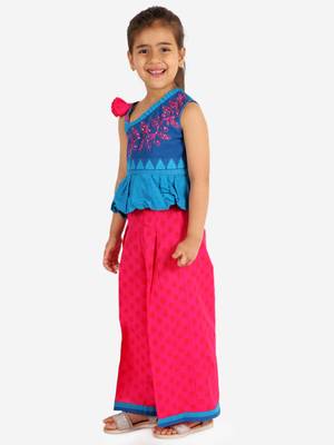 Twisha girls embroidered one shoulder top & palazzo set - blue & pink 3