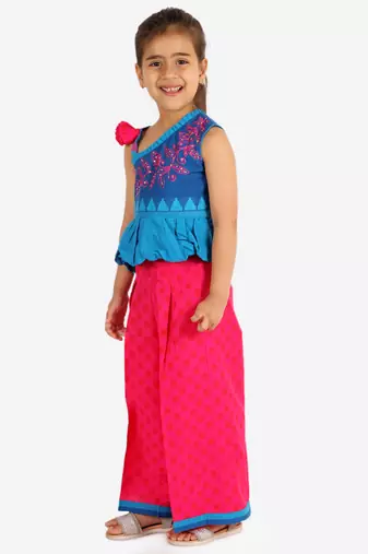 Twisha girls embroidered one shoulder top & palazzo set - blue & pink